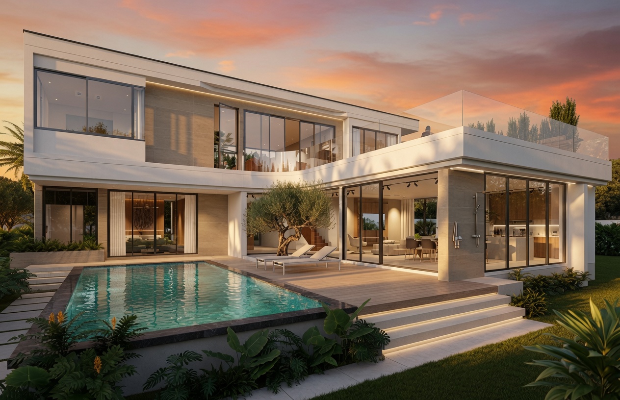 Aussenansicht der Sinara Pool Villa bei Sonnenuntergang