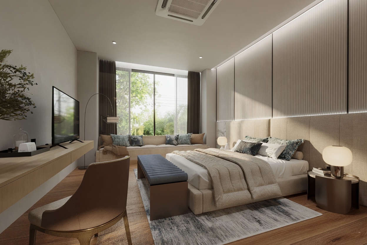 Schlafzimmer mit Sitzecke der Sinara Pool Villa