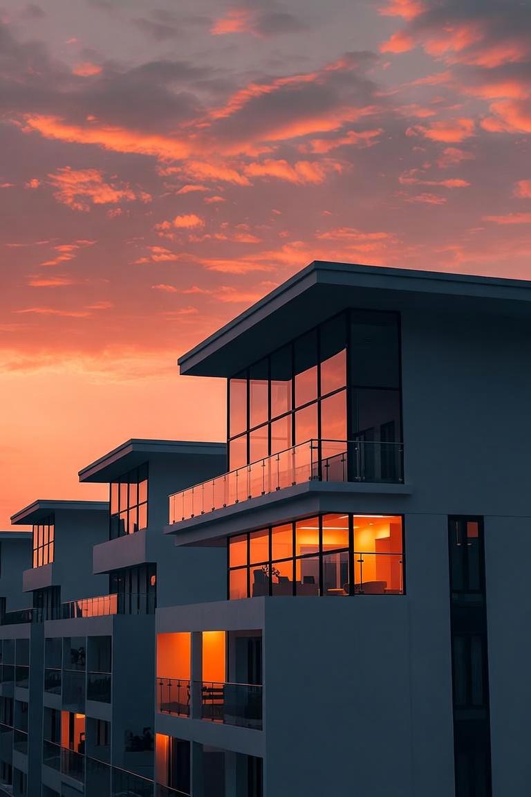 Moderne Wohnanlage in Thailand bei Sonnenuntergang