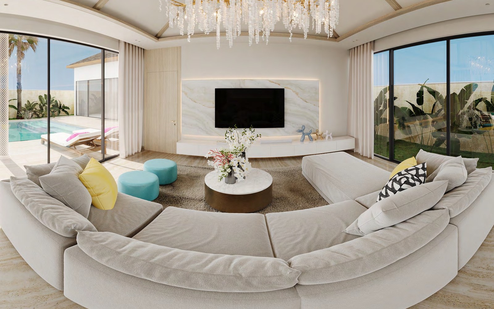 Wohnzimmer einer Lotus-Hills-Villa mit Blick zum Pool