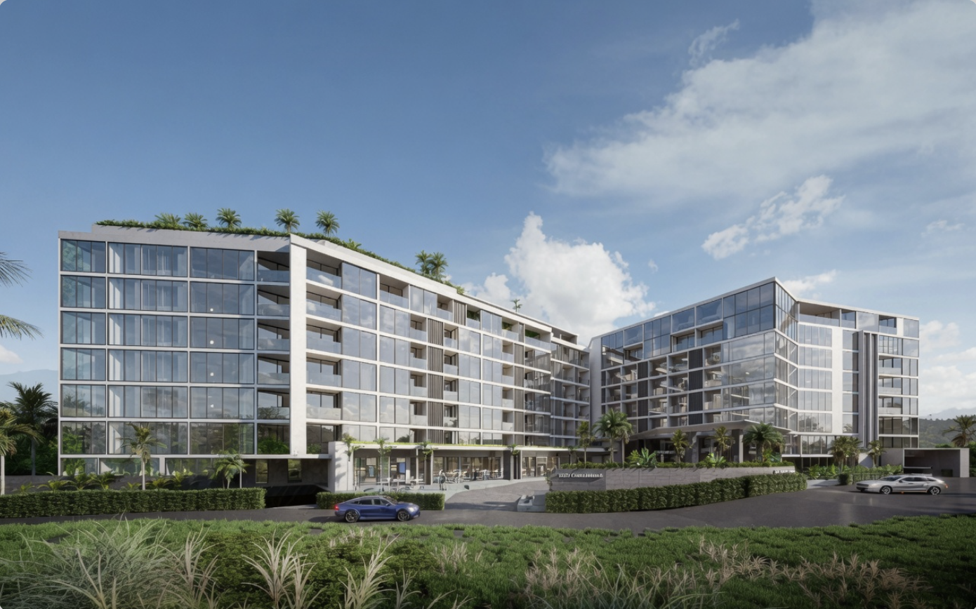 An Innovation Residential Complex Rawai – Aussenansicht der Wohnanlage mit moderner Glasfassade