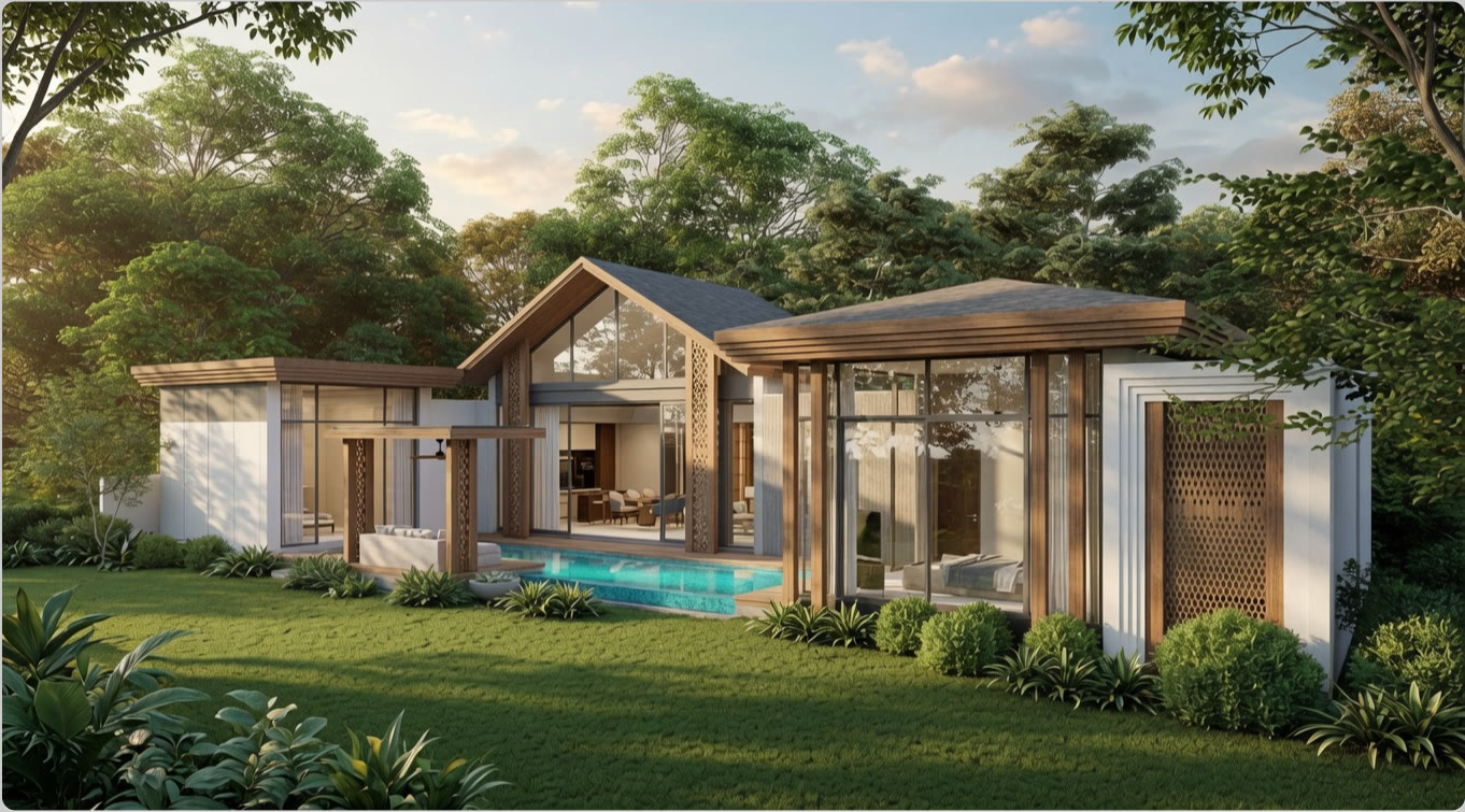Gesamtansicht der Villa mit tropischem Garten und Bäumen