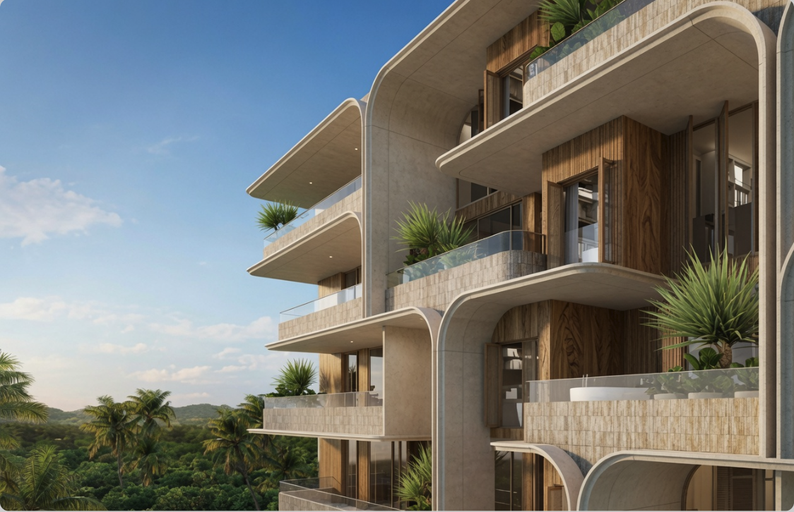 Nahaufnahme der modernen Fassade des Boutique-Condominiums