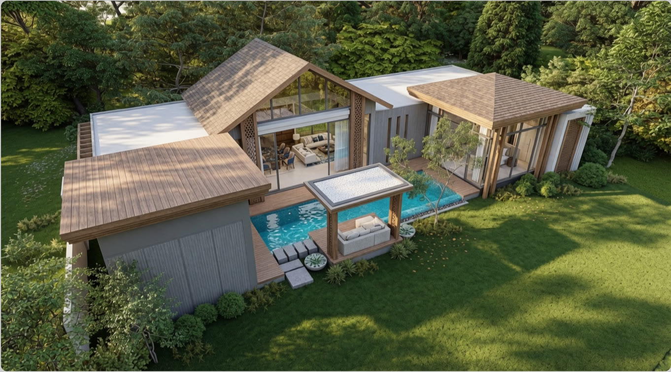 Luftaufnahme der Villa mit Pool und Grundstück am Tag