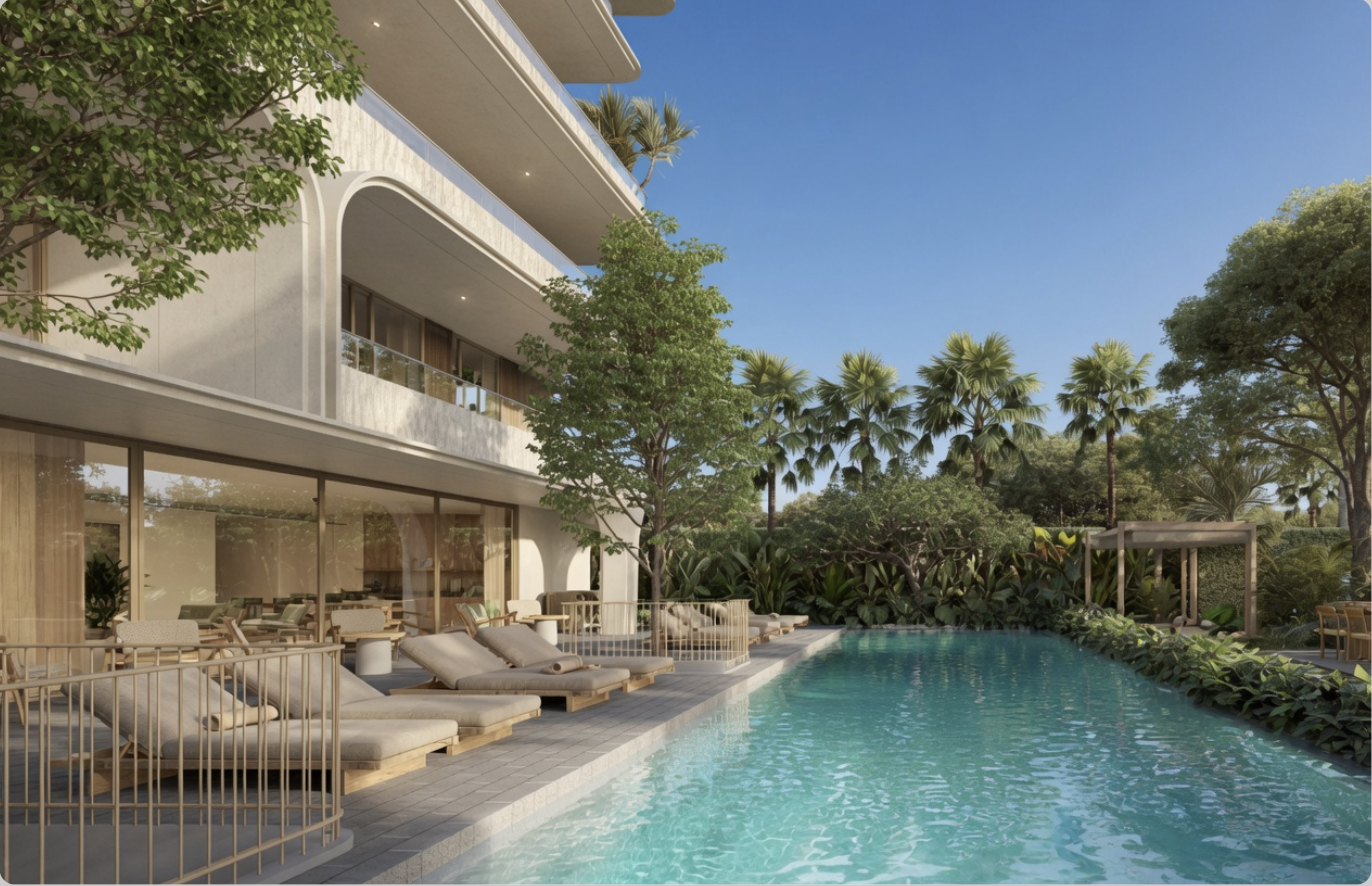 Poolbereich mit Gartenlounge im Grünen