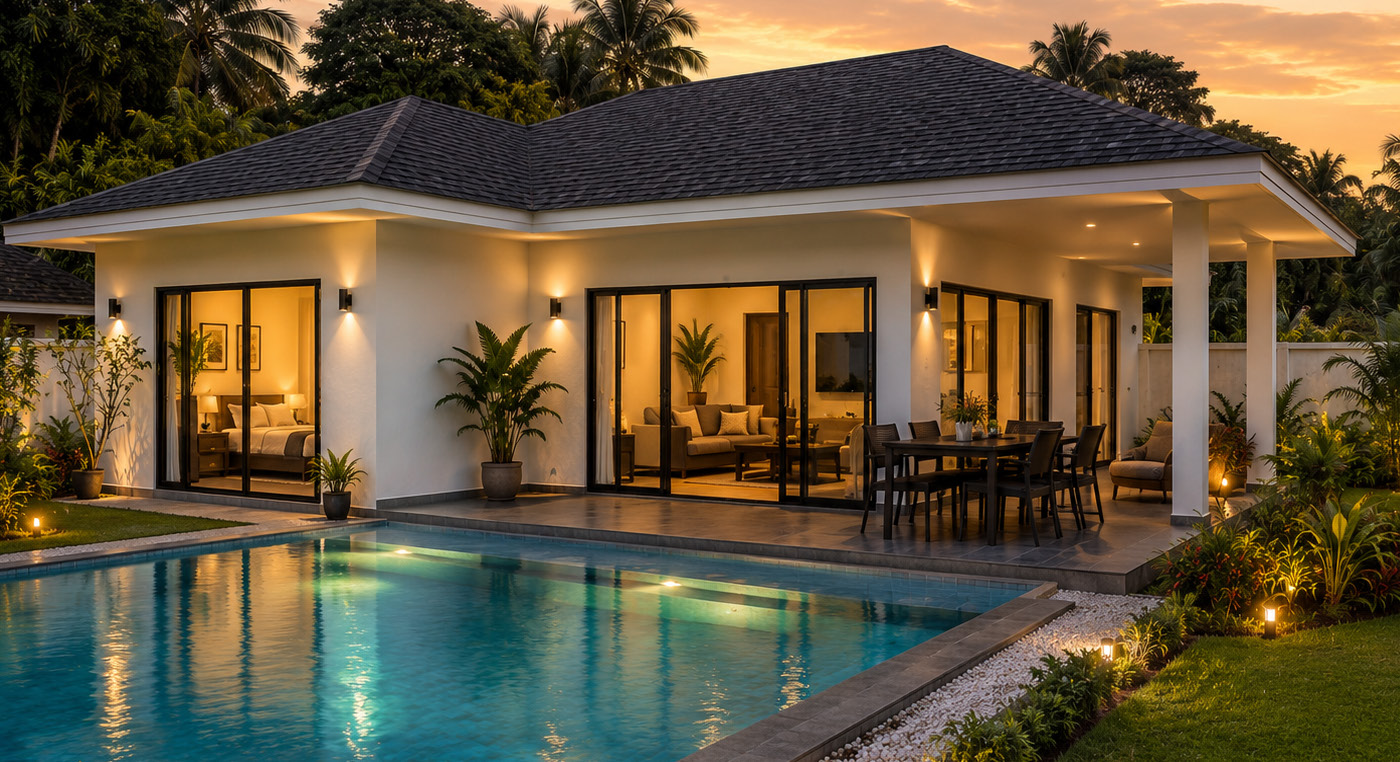 Jai Dee Residence Poolvilla in der Abenddämmerung, Khao Lak