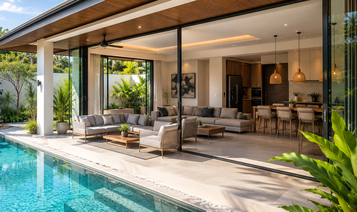 Wohnbereich mit Blick zur Terrasse und zum Pool