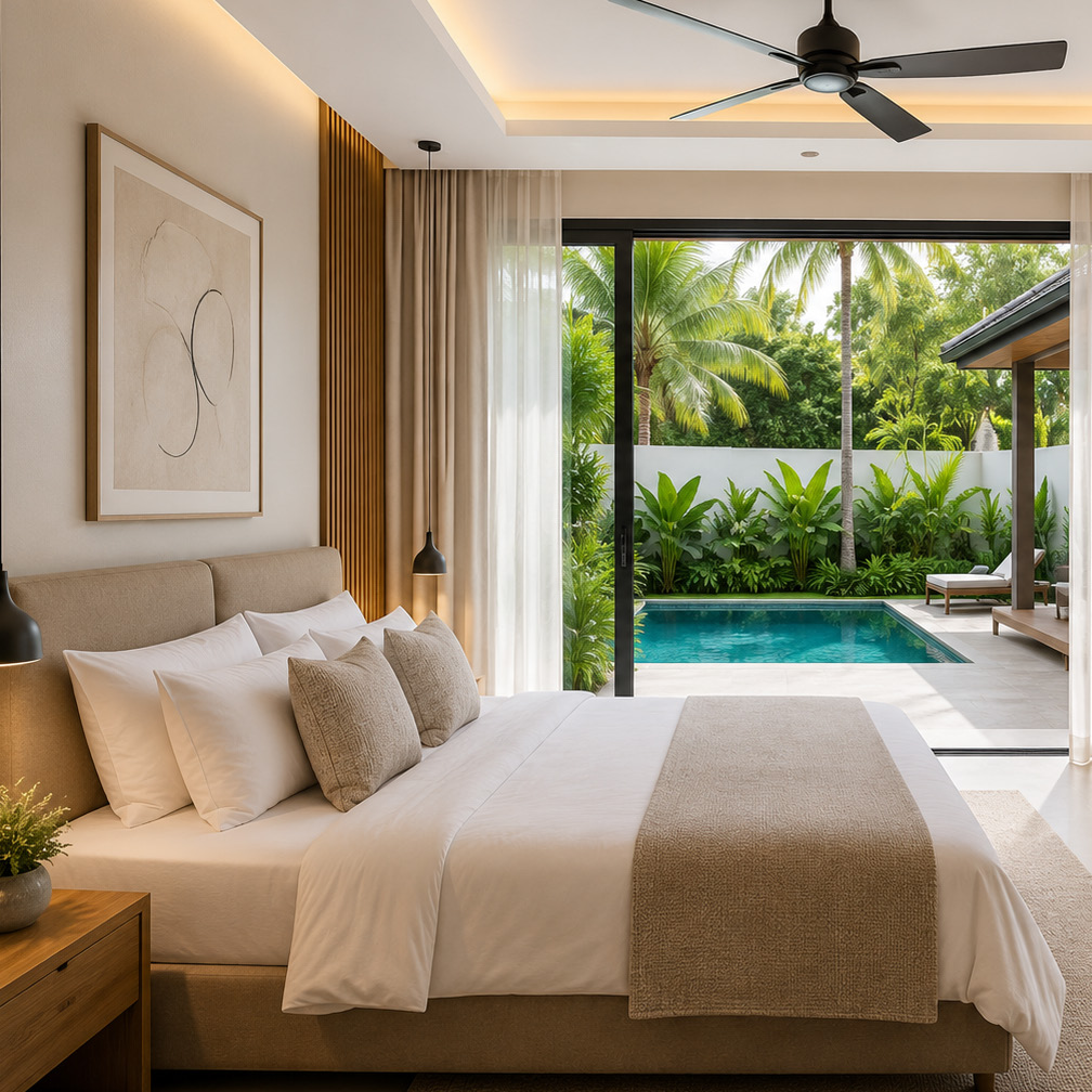 Schlafzimmer mit Zugang zur Terrasse und zum Pool