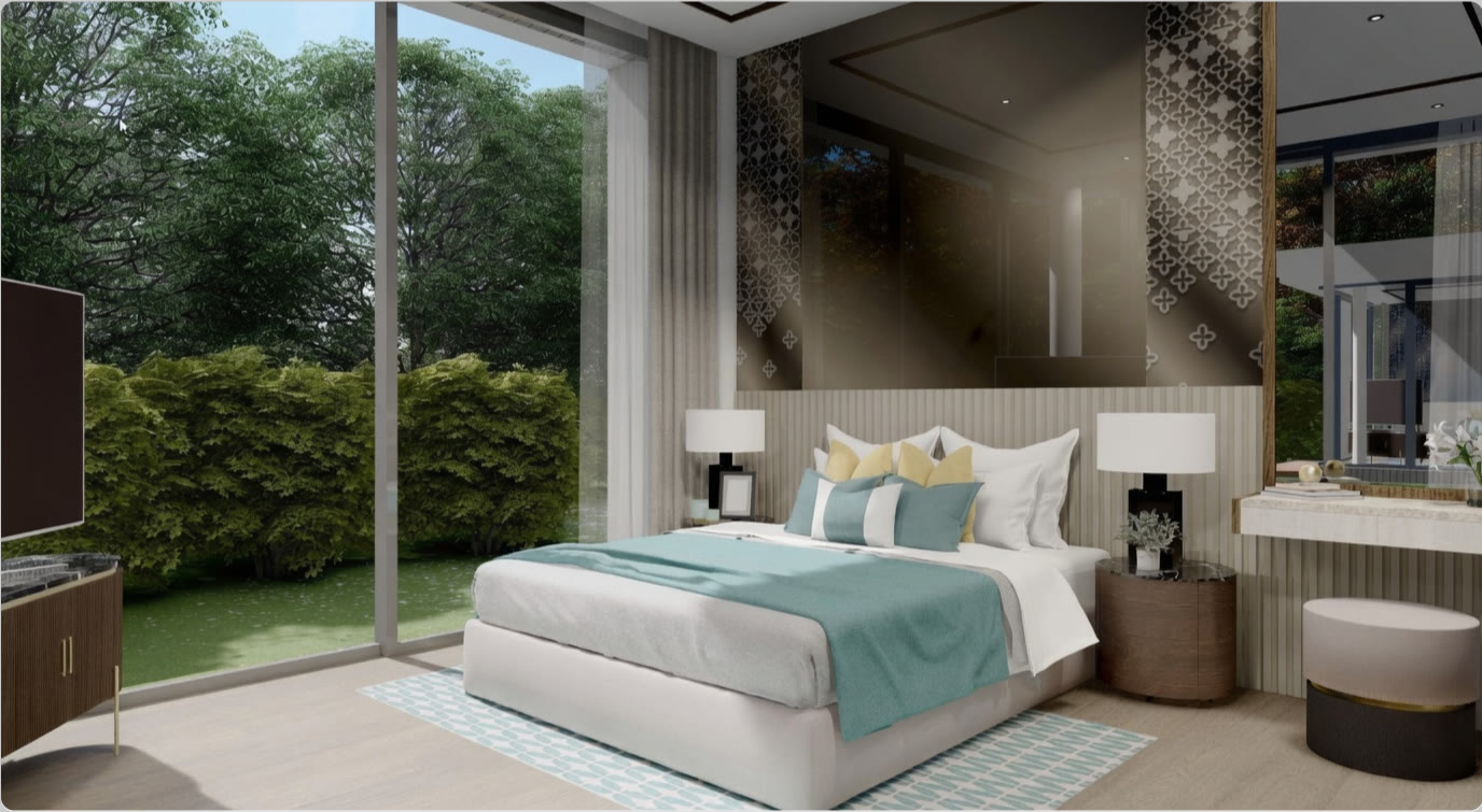 Schlafzimmer mit Gartenblick und Panoramafenstern