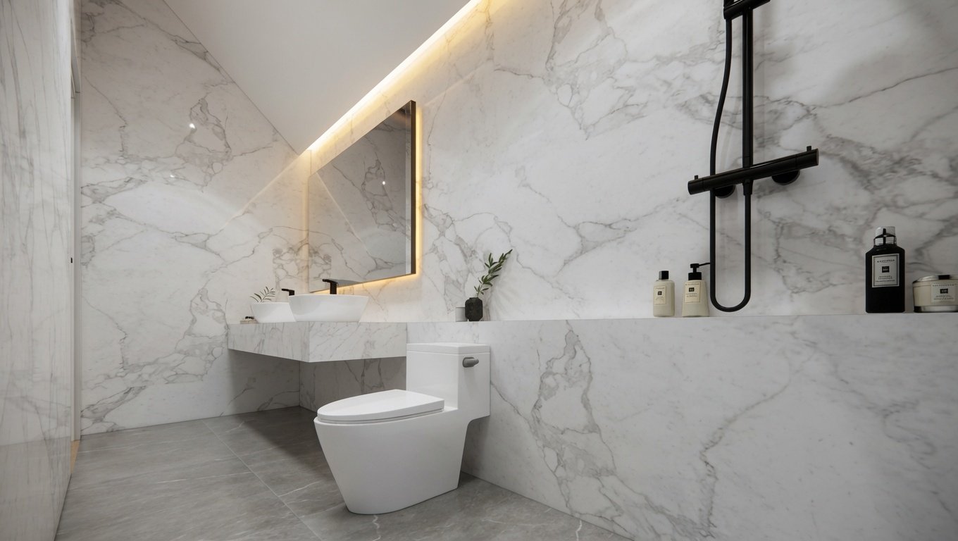 Badezimmer in Marmoroptik mit freistehender Regendusche