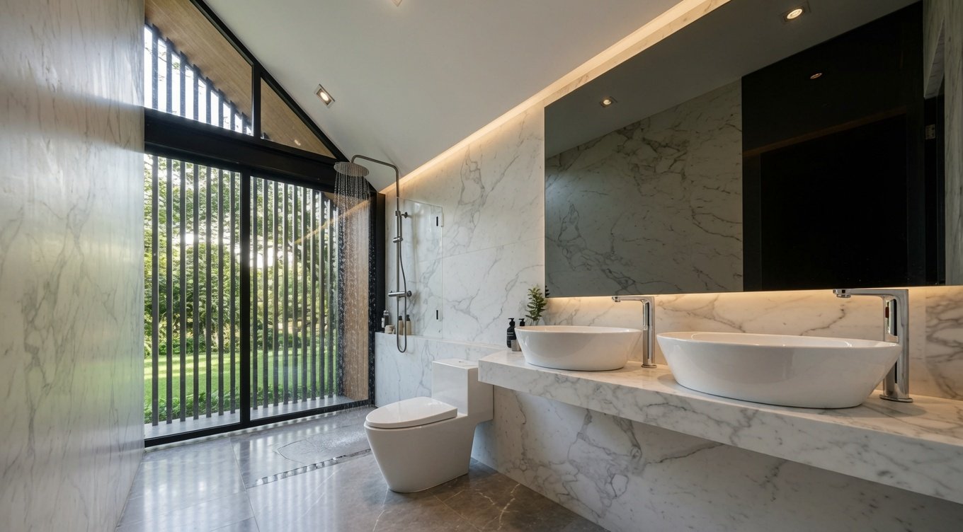 Badezimmer mit Doppelwaschtisch und Regendusche