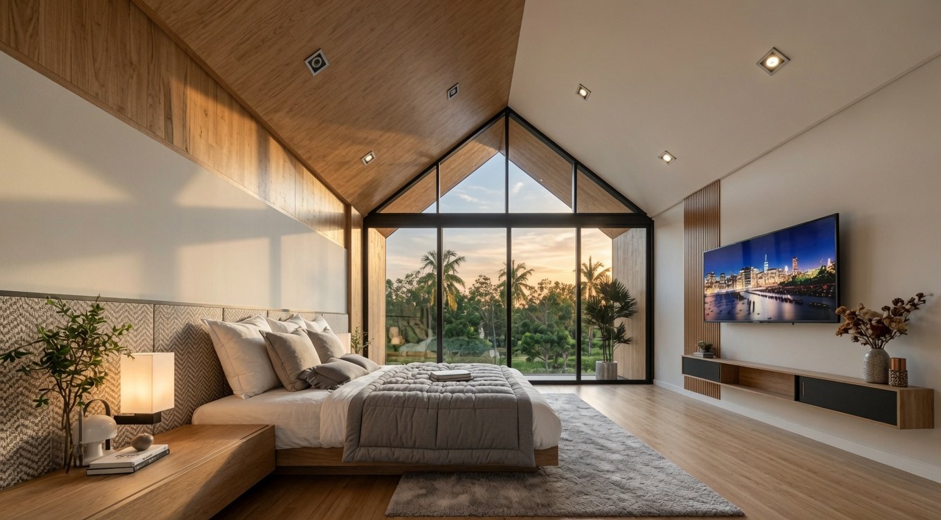 Schlafzimmer mit Dachschräge und Panoramafenster