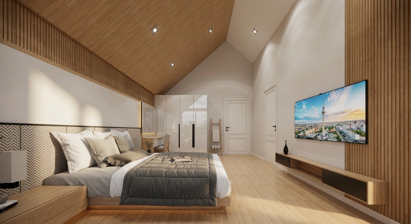 Schlafzimmer mit TV-Wand