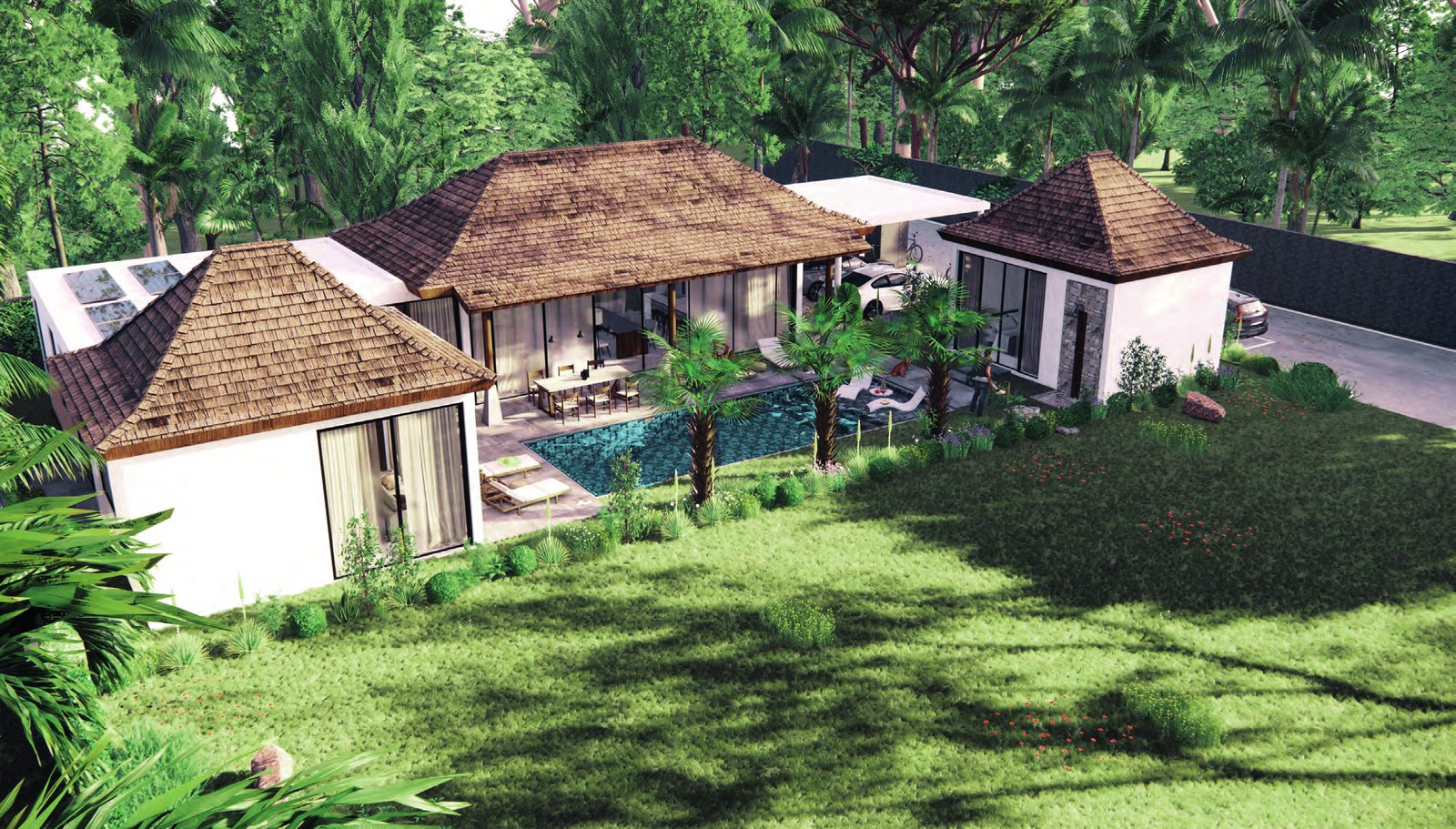 Außenansicht einer Lotus-Hills-Villa mit Pool und Garten