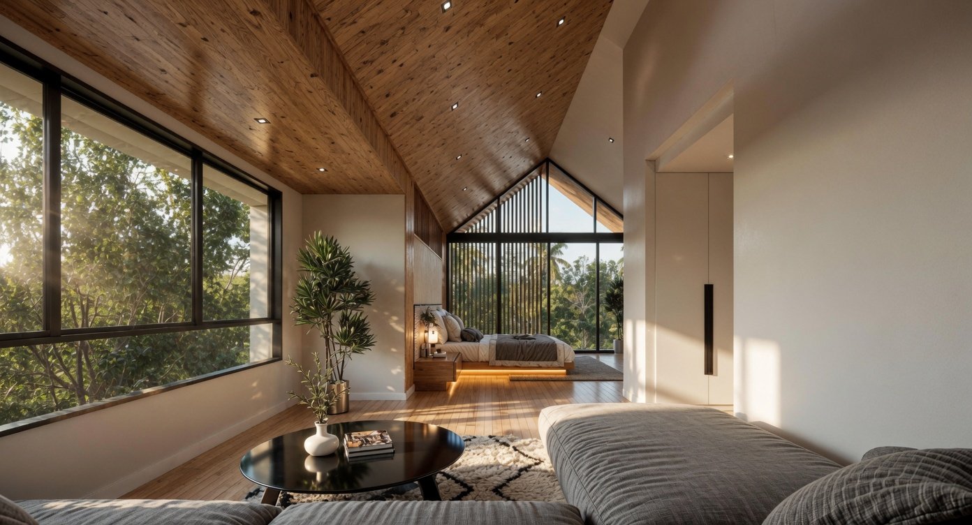 Lounge-Ecke mit Blick ins Schlafzimmer